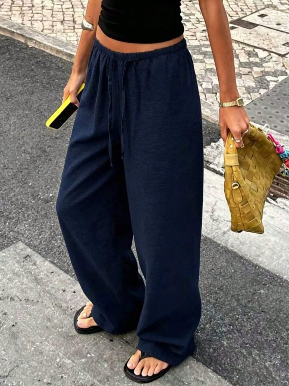 Navy Blue Casual Women's Linen Style Wide Leg Pants - Picture 4 of 6